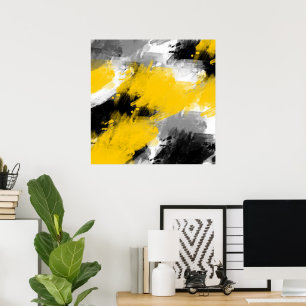 Black Yellow White Modern Abstract Brushstrokes Poster