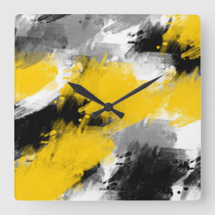 Black Yellow White Modern Abstract Brushstrokes Square Wall Clock