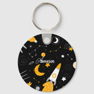 Black Yellow White Night Sky Outer Space Rocket Key Ring