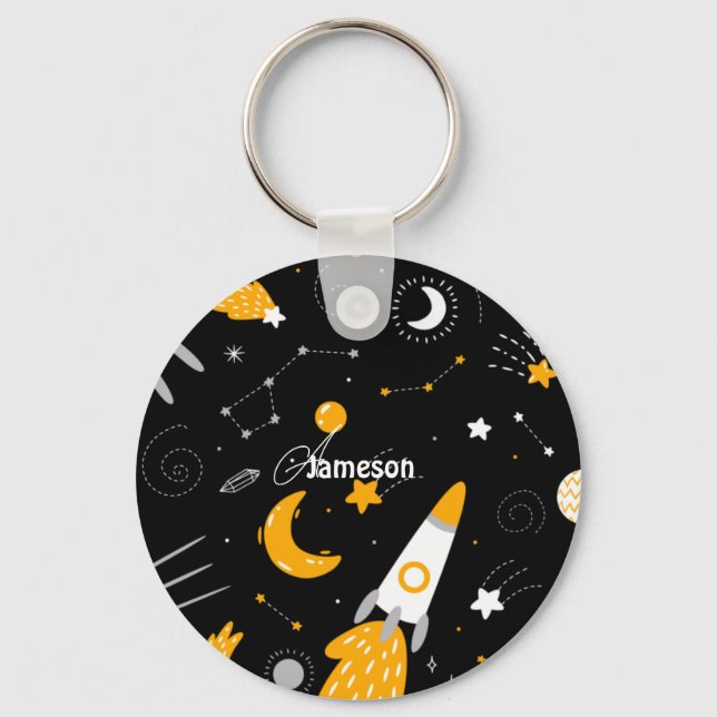Black Yellow White Night Sky Outer Space Rocket Key Ring (Front)