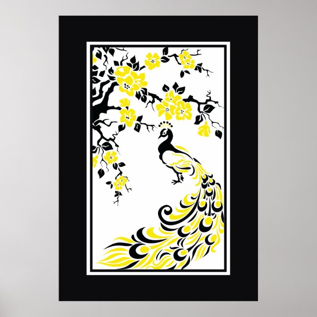 Black, yellow, white peacock and cherry blossoms poster (Front)
