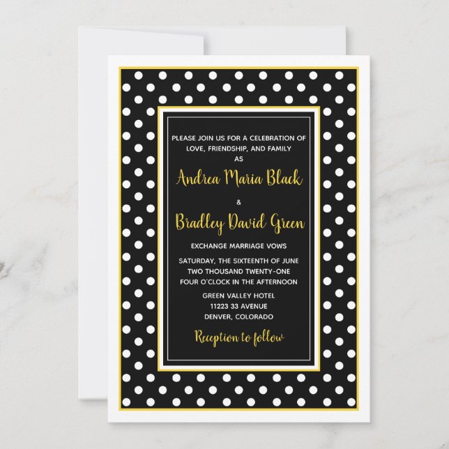 Black Yellow White Polka Dot Wedding Invitation (Front)