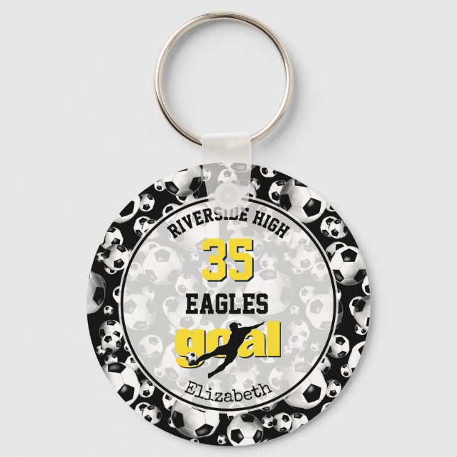 black yellow white school team spirit girls soccer key ring (Front)