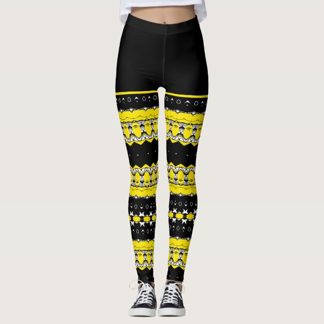 Black, Yellow & White Tribal Pattern Leggings (Front)