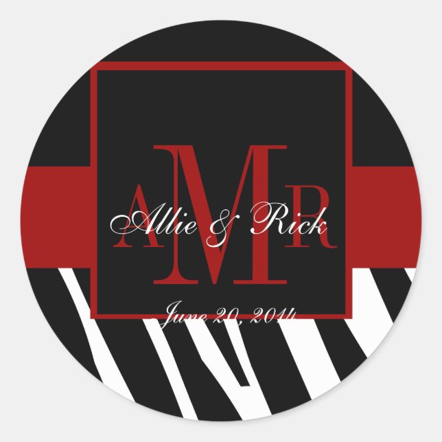 Black Zebra Monogram Names Wedding Favour Labels (Front)