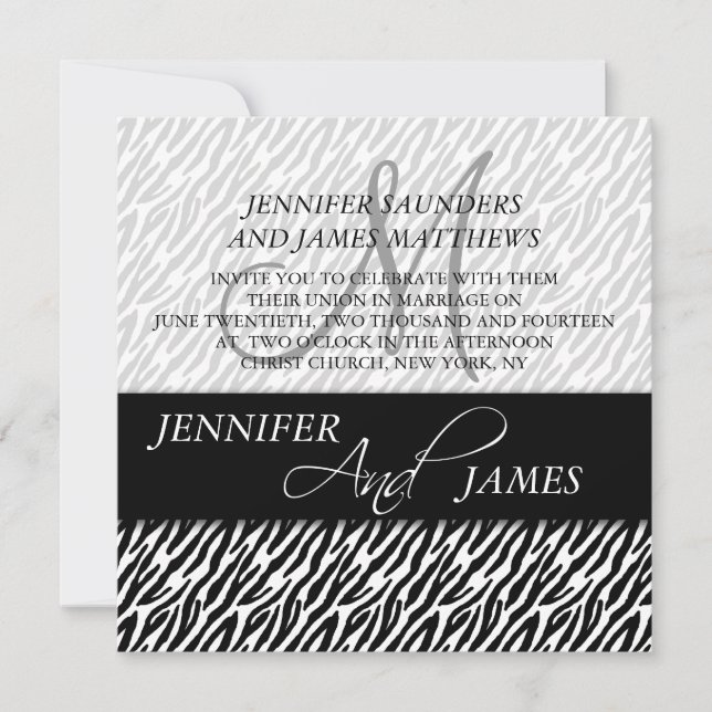 Black Zebra Pattern Monogram Wedding Invitations (Front)
