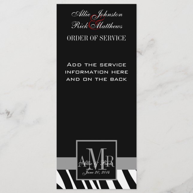 Black Zebra Print Monograms Wedding Program Programme (Front)