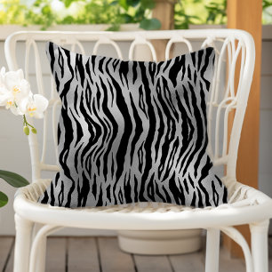 Black Zebra Stripes Animal Print Silver Luxury Cushion