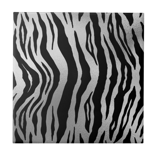 Black Zebra Stripes Animal Print Silver Luxury Tile (Front)