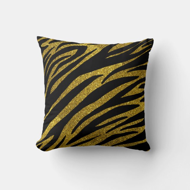 Black Zebra Stripes & Faux Gold Glitter Cushion (Front)