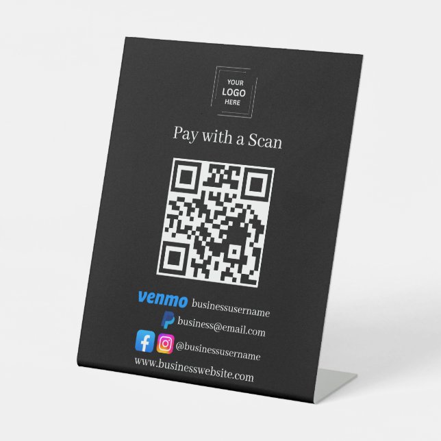 Black Zelle PayPal QR Code Scan to Pay Pedestal  Sign (Front)