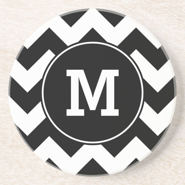 Black Zigzag Pattern Monogram Coaster (Front)