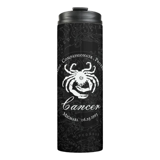 Black Zodiac Cancer Astrology Sign Characteristics Thermal Tumbler (Front)