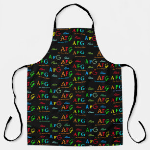 blackapron with pattern of colour names & initials apron