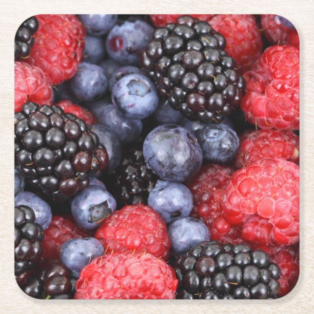 Blackberries Blueberries Raspberries Square Paper Coaster (Front)