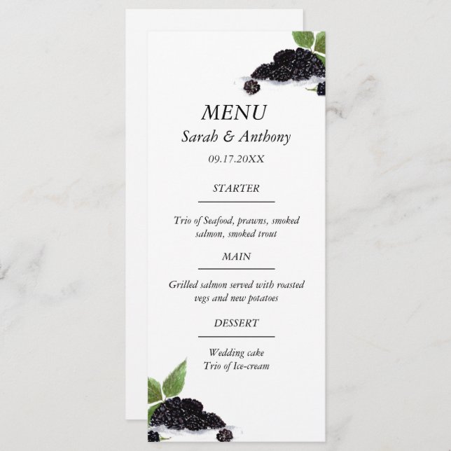 Blackberries Fruit Watercolor Rustic Wedding Food  Menu (Front/Back)