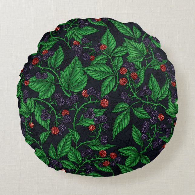 Blackberries on dark grey round cushion (Front)