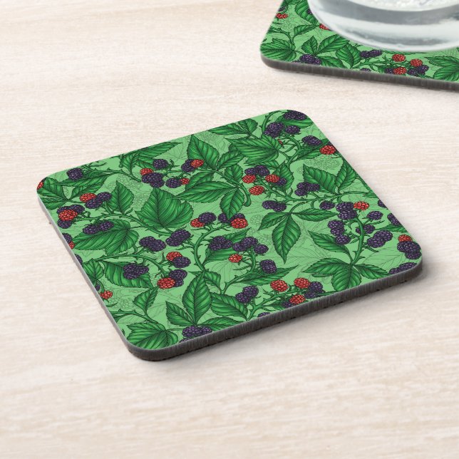 Blackberries on green coaster (Left Side)