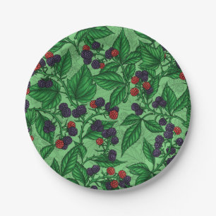 Blackberries on green paper plate