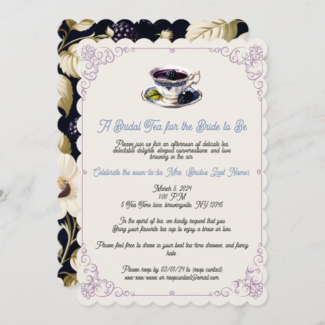 Blackberry Blooms Bridal Shower Tea Party Invitation (Front/Back)