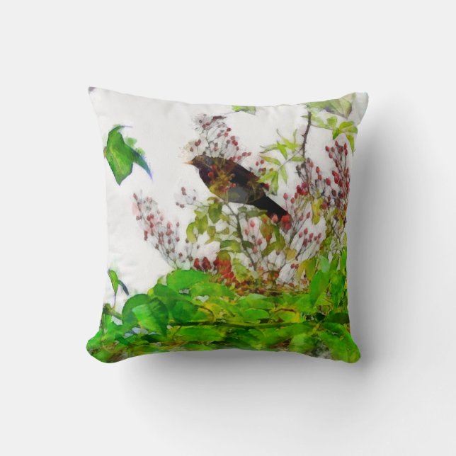 Blackbird and Rosehips Design Cushion (Front)