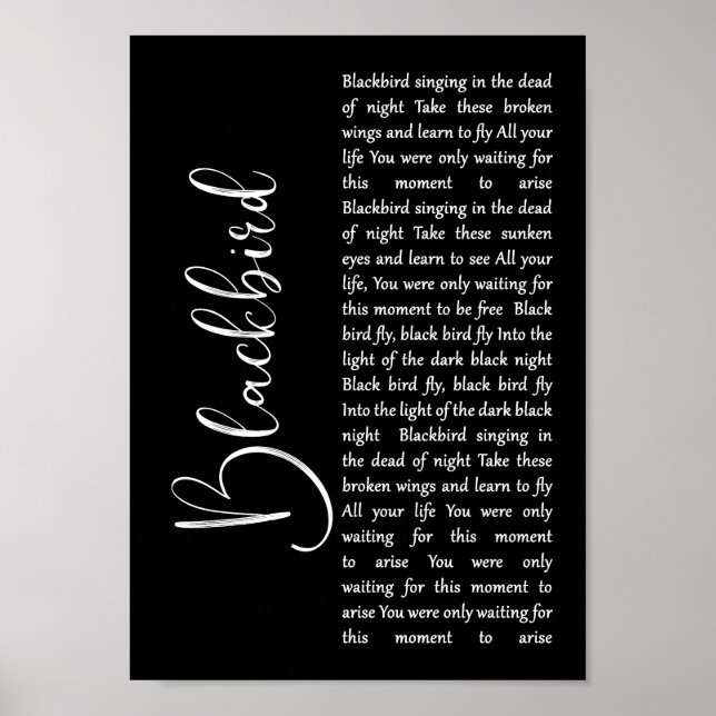 Blackbird Black Script Song Lyric Wall Art Print (Front)
