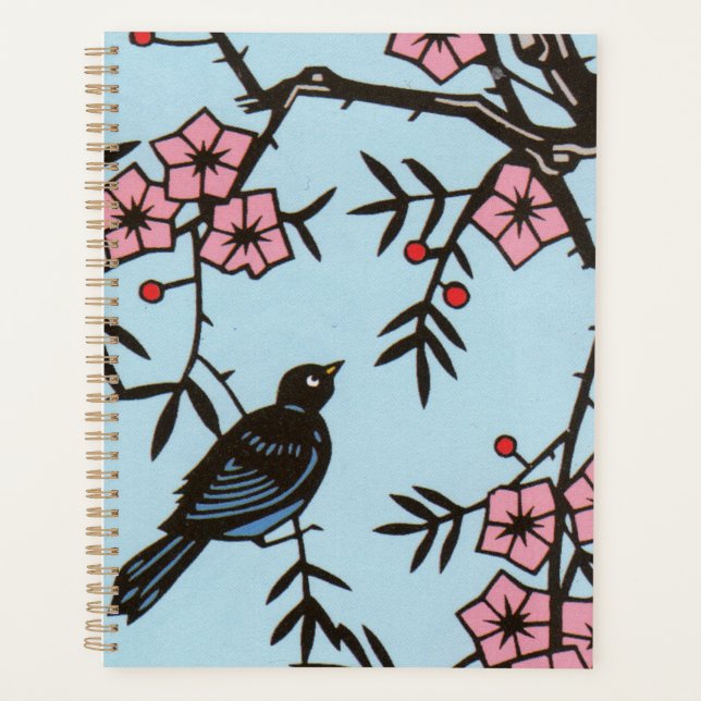 Blackbird in cherry Tree Pink Blossoms Red Berries Planner (Front)
