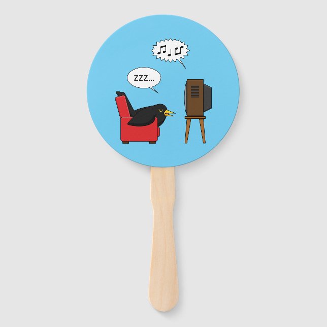 Blackbird Sleeping in Front of the TV Comic Hand Fan (Front)