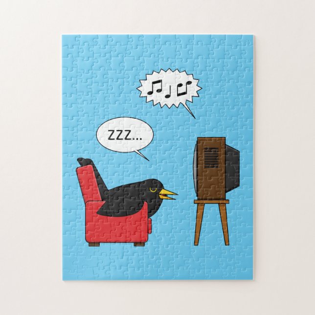 Blackbird Sleeping in Front of the TV Comic Jigsaw Puzzle (Vertical)