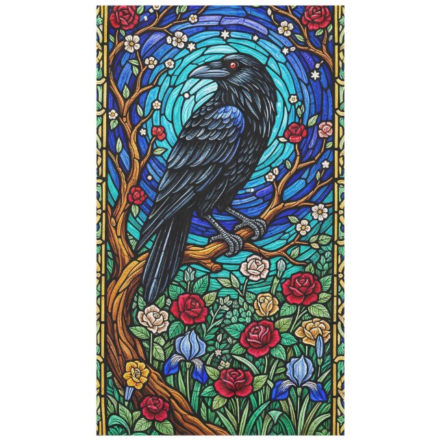 Blackbird Stained Glass Corvid Raven Tablecloth (Front)