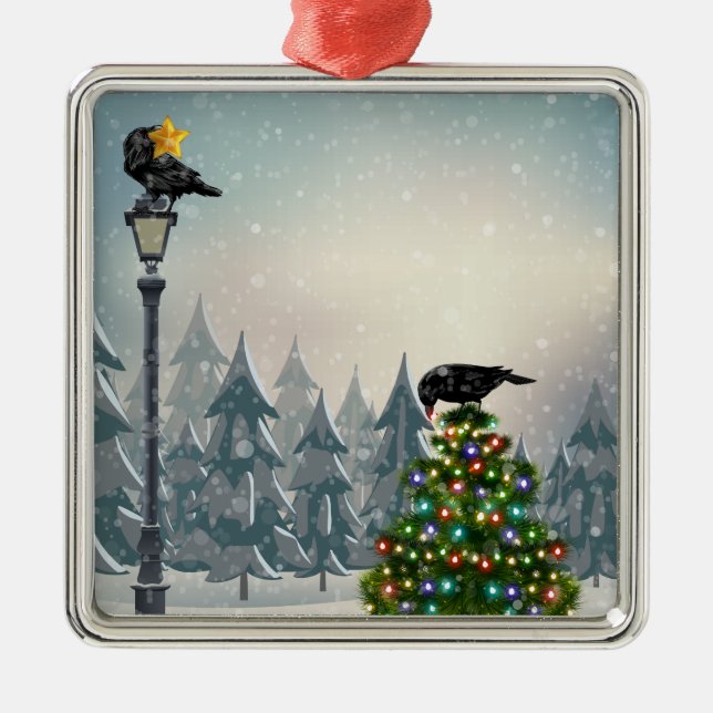 Blackbirds Decorating Ravens Christmas Tree Metal Tree Decoration (Front)