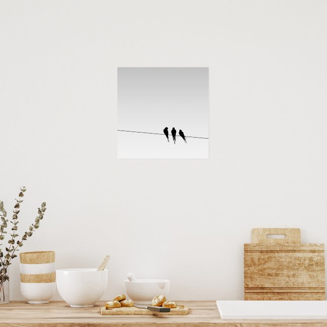 Blackbirds Silhouette on Wire on Gradient Sky Poster (Kitchen)