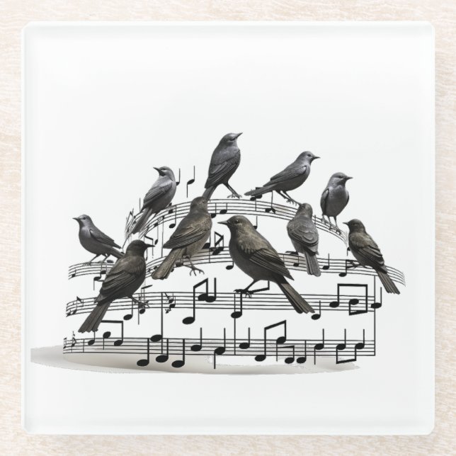 blackbirds sitting on a musical composition 3d  glass coaster (Front)