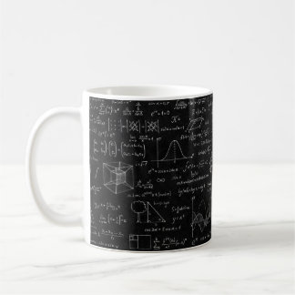 Blackboard inscribed with scientific formulas and coffee mug