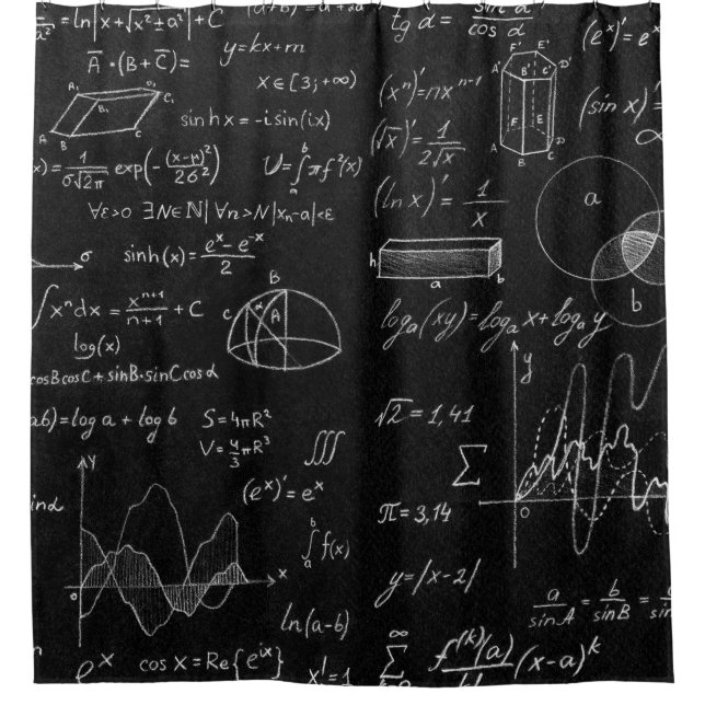 Blackboard inscribed with scientific formulas and  shower curtain (Front)