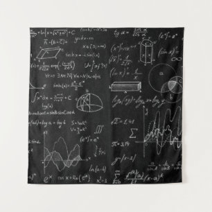 Blackboard inscribed with scientific formulas and  tapestry