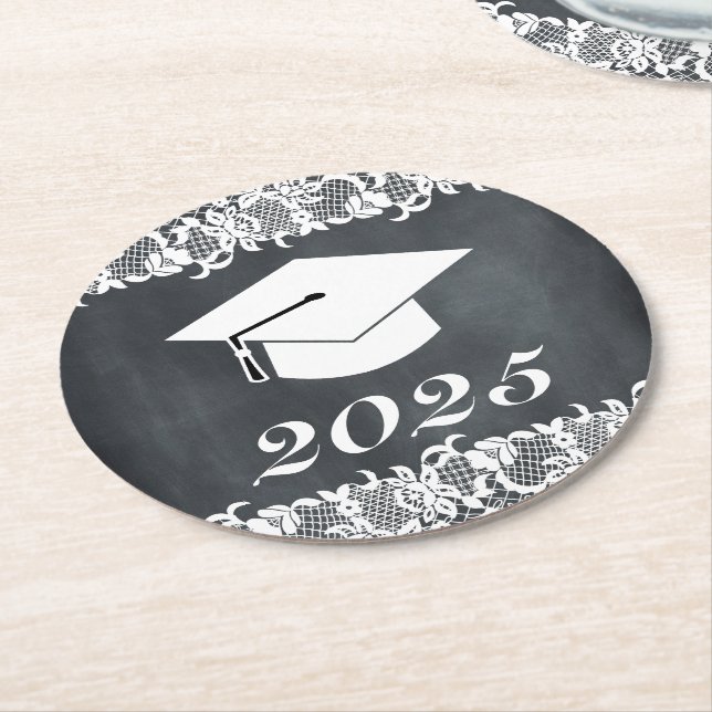 Blackboard Lace Graduation Hat Round Paper Coaster (Angled)