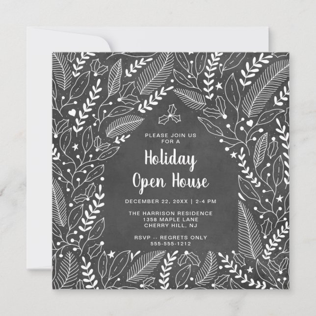 Blackboard Rustic Floral Christmas Open House Invitation (Front)