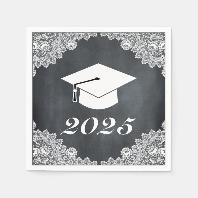 Blackboard & White Lace Graduation Hat Cap Napkins (Front)