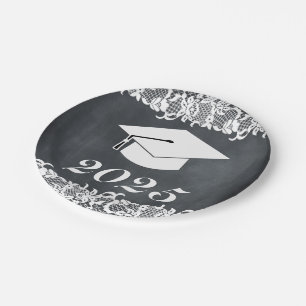 Blackboard & White Lace Graduation Hat Cap Paper Plate