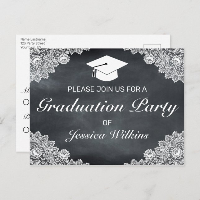 Blackboard & White Lace Graduation RSVP Invitation Postcard (Front/Back)