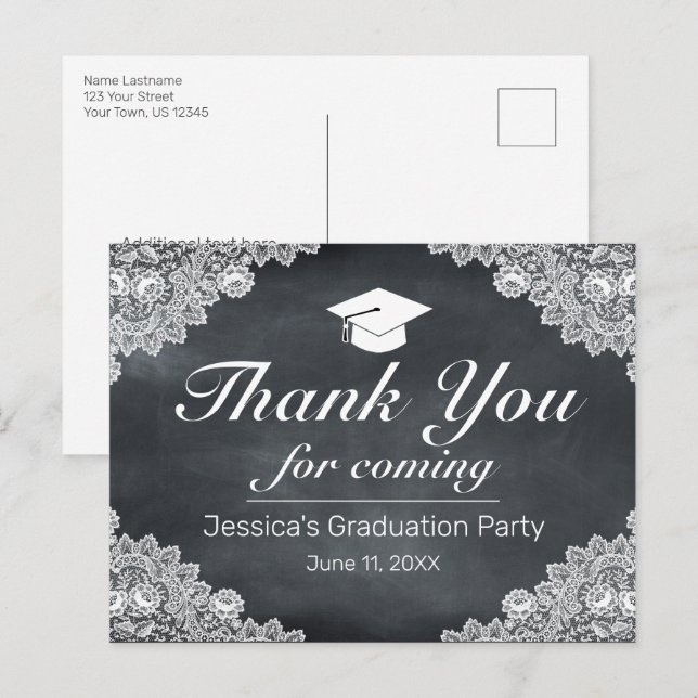Blackboard & White Lace Graduation Thank You Postcard (Front/Back)