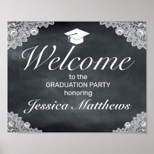 Blackboard & White Lace Graduation Welcome Party Poster