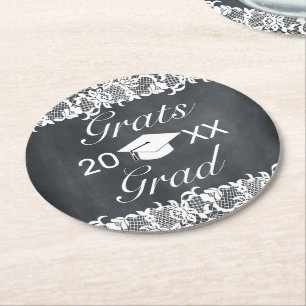 Blackboard & White Lace Grats Graduation Round Paper Coaster