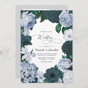 Blackened Teal, Mist Blue & Pearl White Wedding Invitation