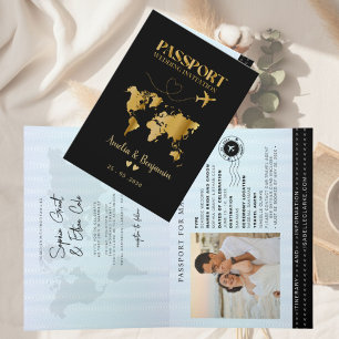 BlackFaux Gold Heart Passport Destination Wedding  Invitation