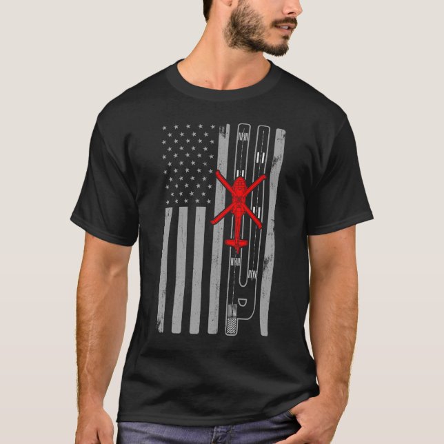 Blackhawk Military Helicopter American Flag Runway T-Shirt (Front)
