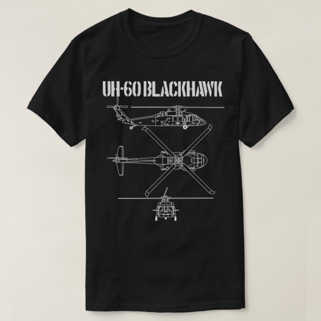 Blackhawk Schematic Military Helicopter UH60 Black T-Shirt (Design Front)
