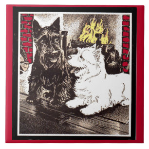 Blackie and Whitie by the fire Tile