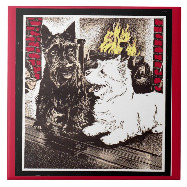 Blackie and Whitie by the fire Tile (Front)